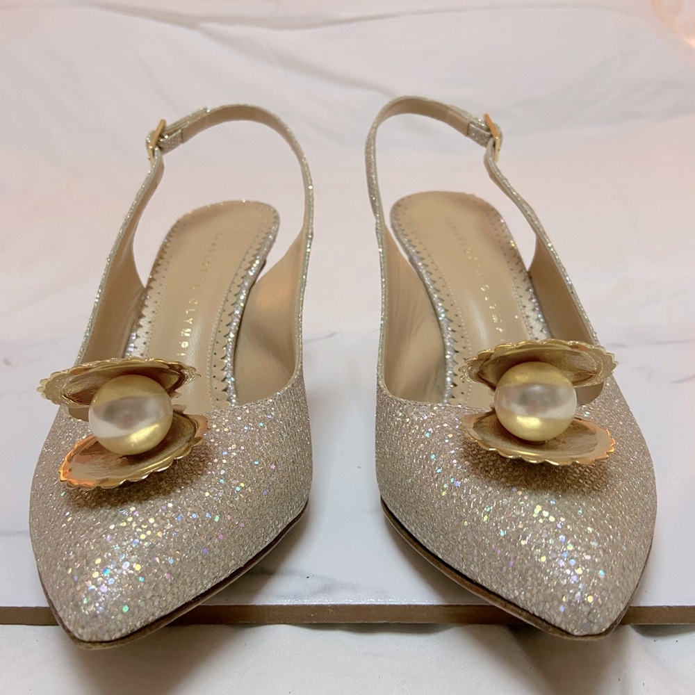 Charlotte Olympia size 36 1/2 glitter pearl in gold clamshell slingbacks